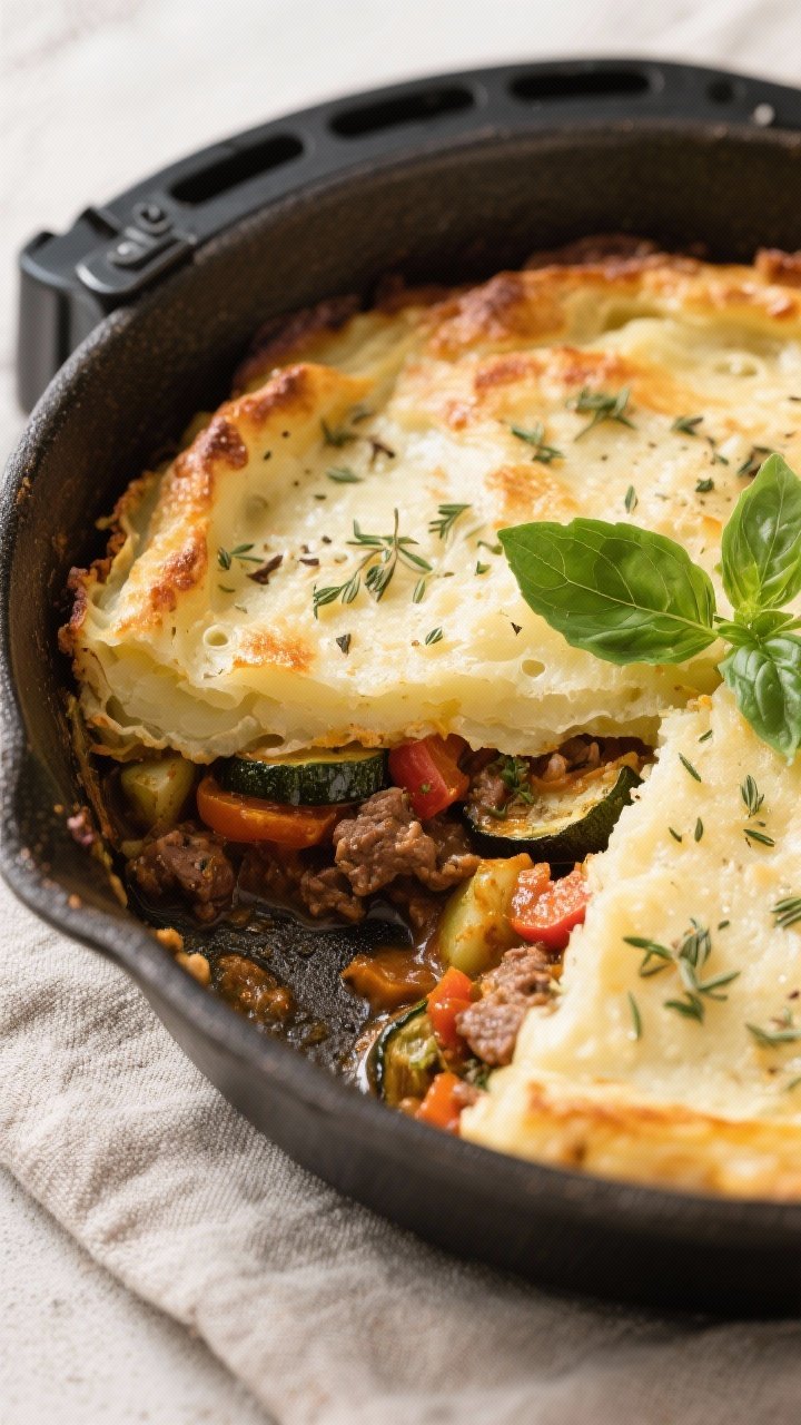 Tasty top view: Finished Air Fryer Ratatouille Shepherd’s Pie just out of the fryer, overhead slic