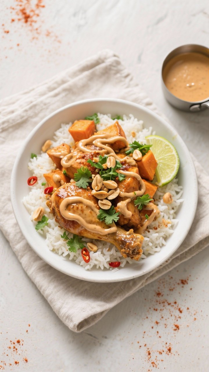 Tasty top view: Finished Air Fryer West African Chicken with Sweet Potato and Peanut Sauce in a shal