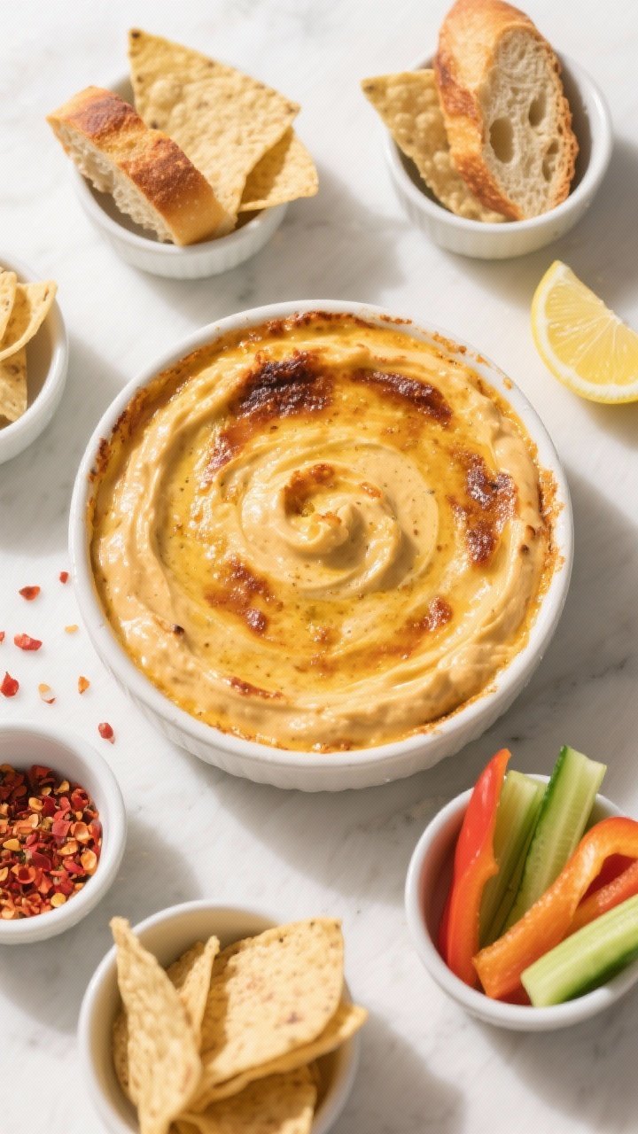 Tasty top view: Finished dip resting 3–5 minutes before serving, overhead composition with an gold