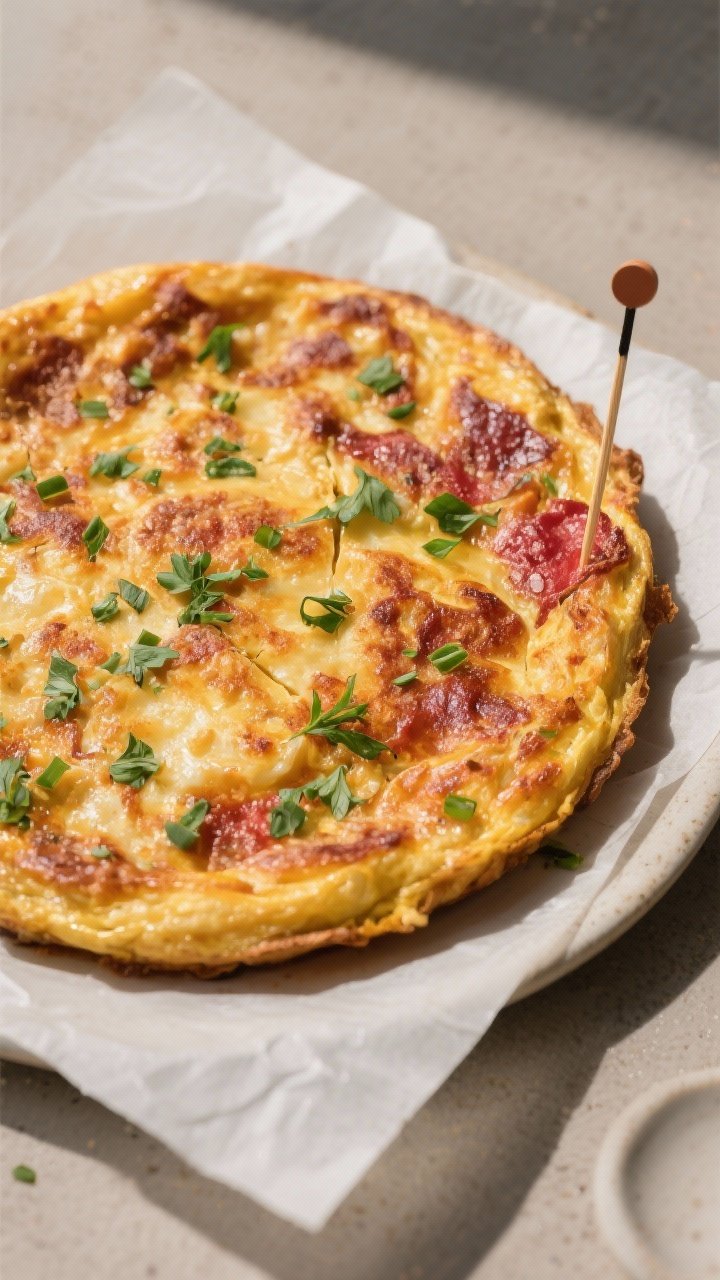 Tasty top view: Finished whole frittata resting on parchment after 5 minutes, photographed from dire