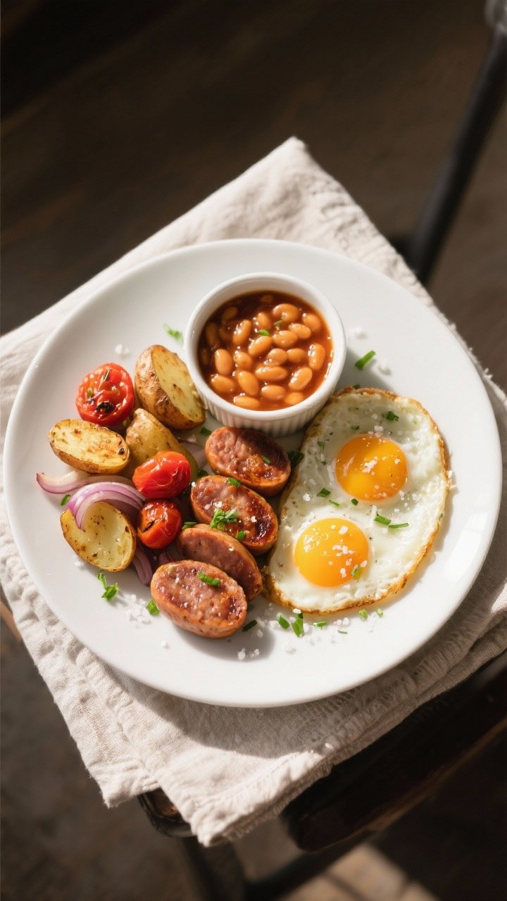 Tasty top view: Full all-in-one breakfast plated—sliced boerewors coins, roasted baby potatoes and