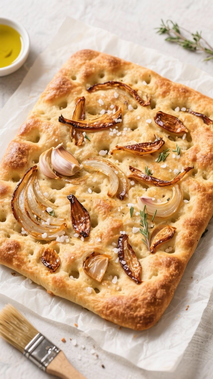 Tasty top view: Fully baked focaccia on parchment, overhead, showing an even, deep golden crust with
