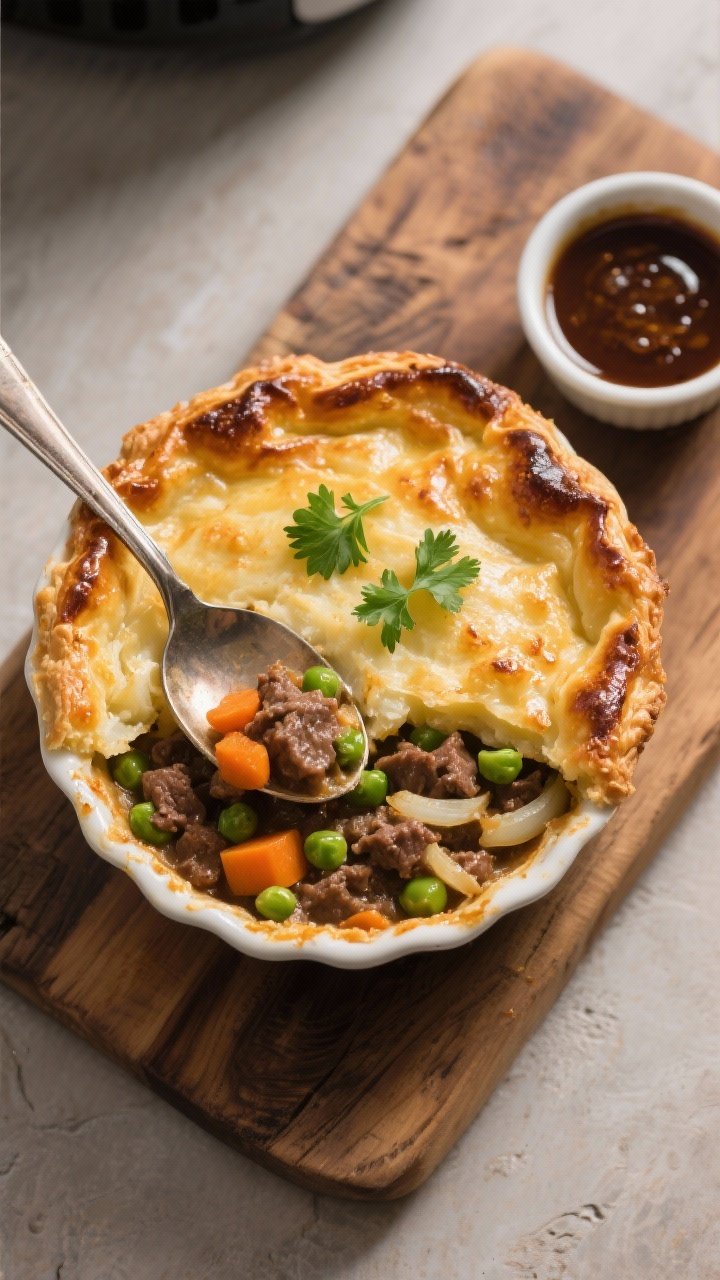 Tasty top view: Fully cooked air fryer cottage pie straight from the fryer, overhead composition sho