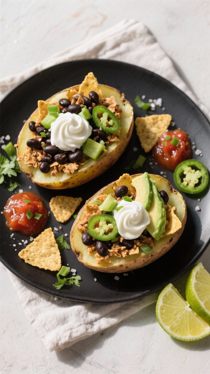 Tasty top view – Fully loaded “nacho jacket” potato: overhead shot of two dressed potatoes on 