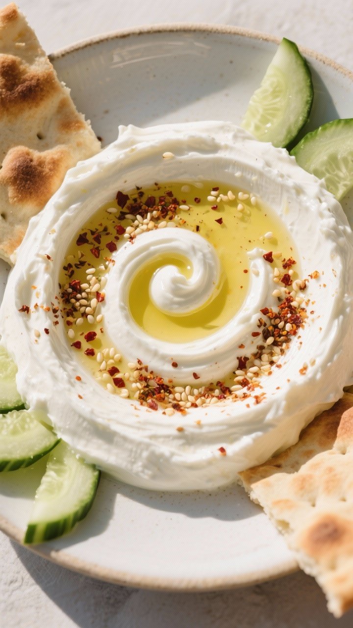 Tasty top view: Labneh swirled in a shallow bowl, topped with a glossy olive oil puddle and a genero