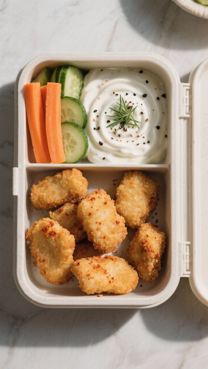Tasty top view: Lunchbox-style overhead composition featuring a sectioned container with air fryer f
