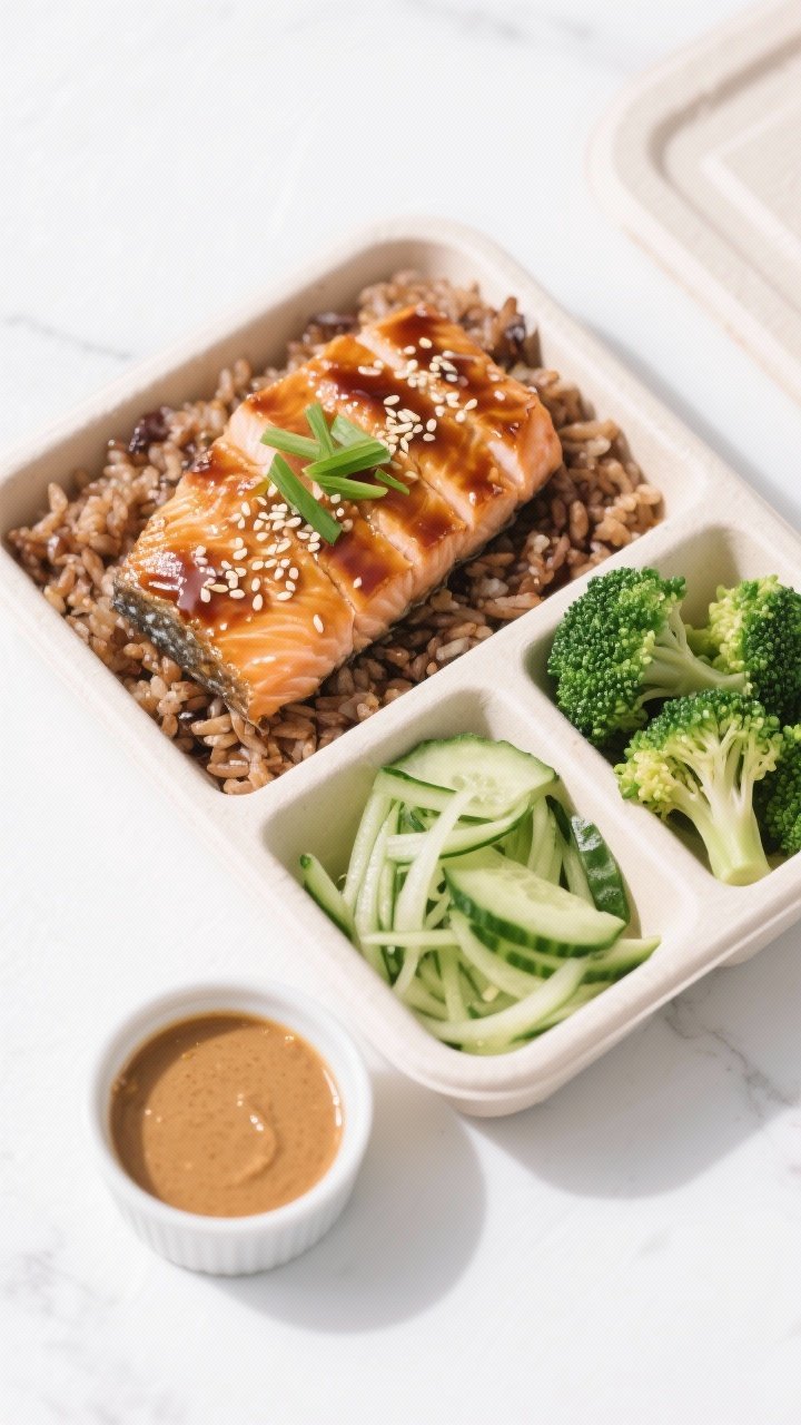 Tasty top view: Overhead bento-style arrangement—sliced miso-glazed salmon fanned over brown rice 