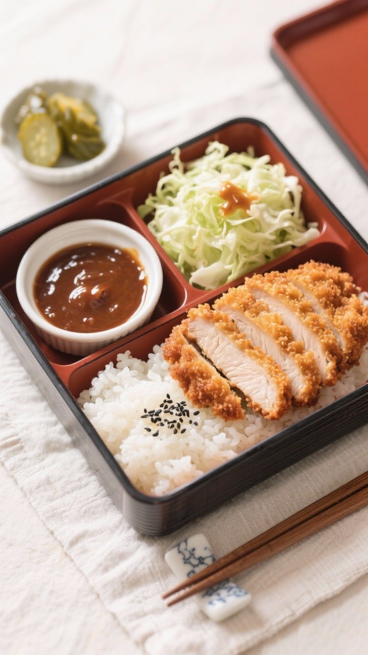 Tasty top view: Overhead bento-style setup featuring perfectly sliced tonkatsu showing juicy interio