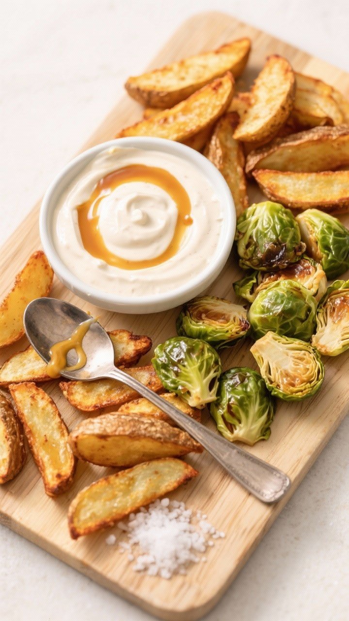 Tasty top view: Overhead board of air-fried potato wedges and Brussels sprouts with a central bowl o