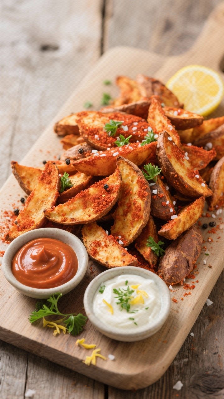 Tasty top view: Overhead board shot of a generous pile of paprika-dusted wedges with ultra-crispy ed