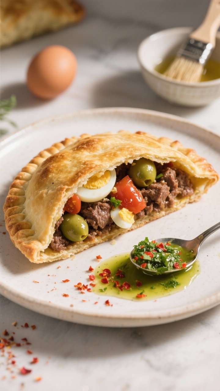 Tasty top view: Overhead board shot of a sliced-open empanada revealing juicy beef filling with visi