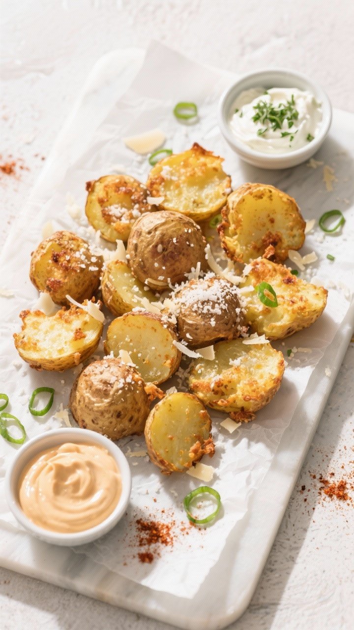 Tasty top view: Overhead board shot of a snack-style spread—golden, extra-crispy smashed potatoes 