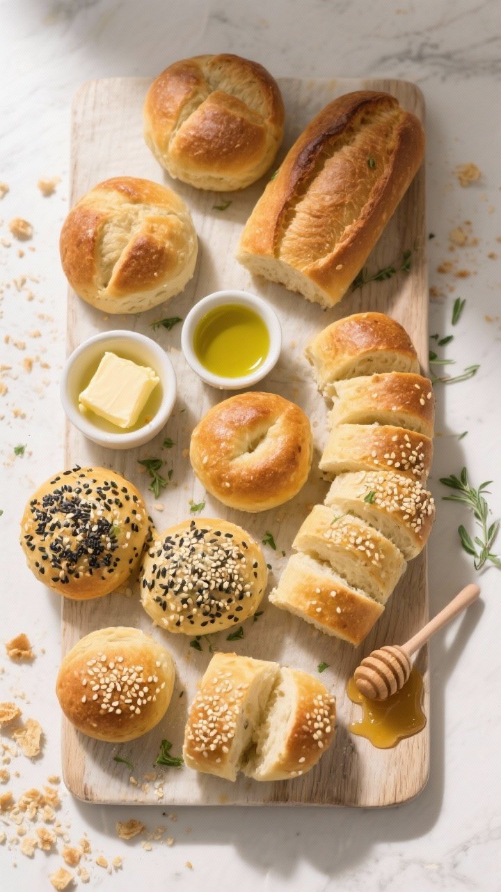 Tasty top view: Overhead board shot of assorted shapes—mini rounds, oblong loaves, and pull-apart 