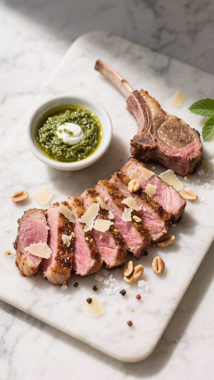 Tasty top view: Overhead board shot of sliced lamb cutlets fanned to reveal a juicy pink center and 