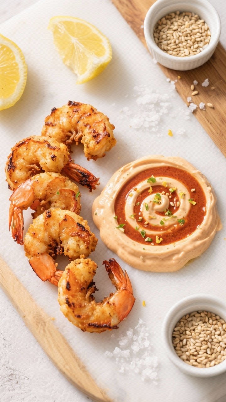 Tasty top view: Overhead board spread featuring air-fried shrimp (lightly charred, curled, and juicy
