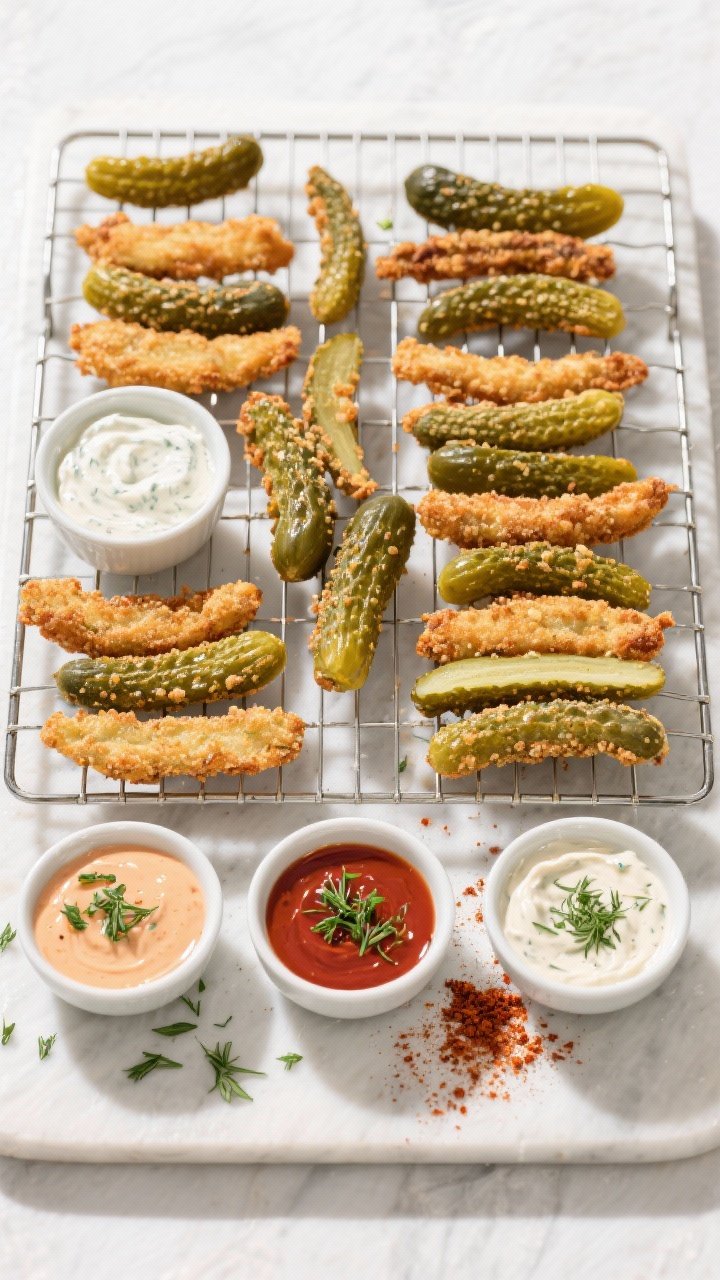 Tasty top view: Overhead board spread featuring multiple batches of crispy pickle spears on a wire r