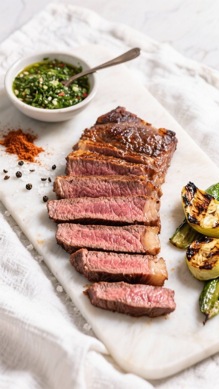 Tasty top view: Overhead board spread of flank steak sliced against the grain at a slight angle, dee