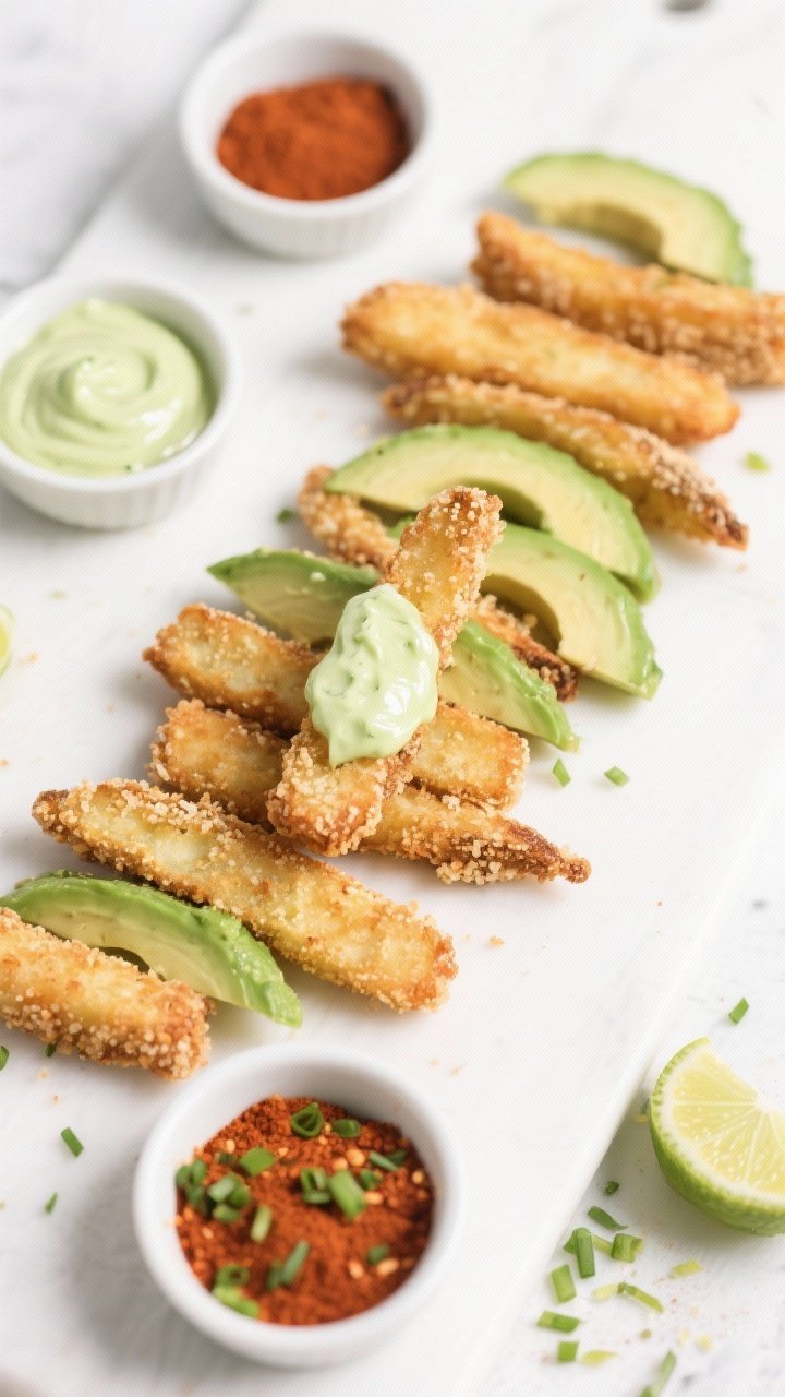 Tasty top view: Overhead board-style spread featuring avocado fries arranged in neat rows, one fry d