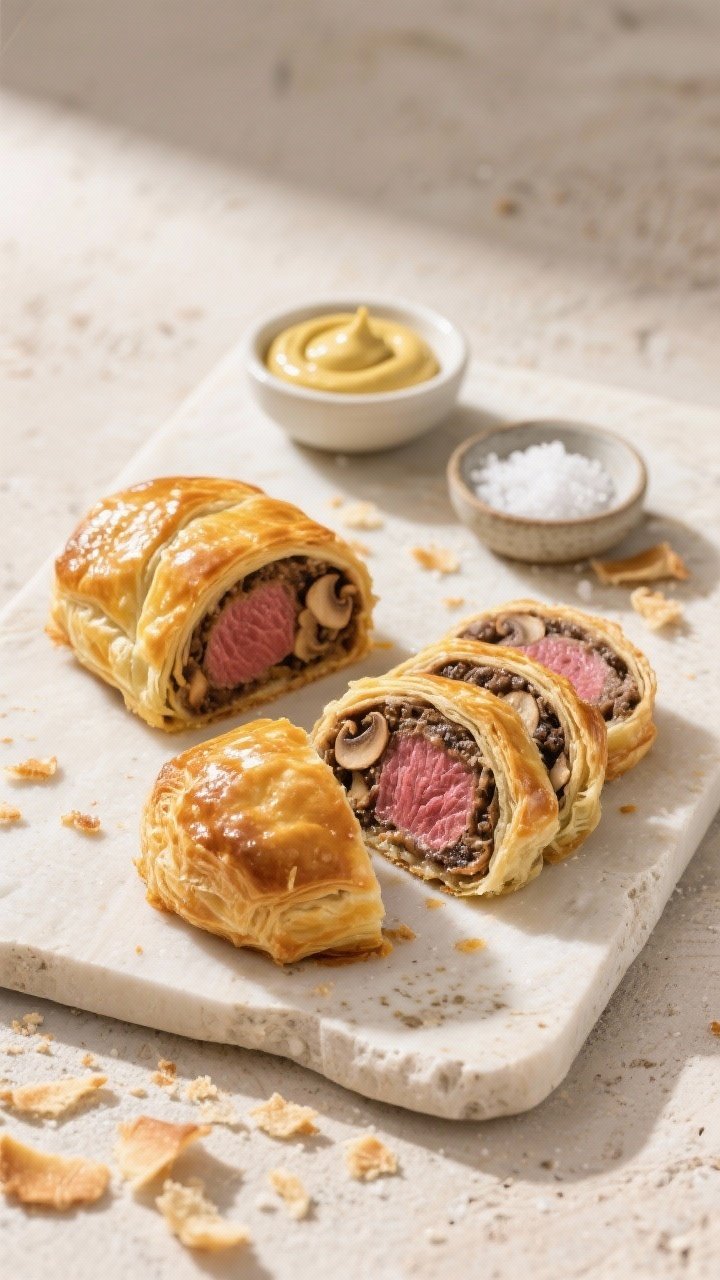 Tasty top view: Overhead board-style spread of two mini Beef Wellingtons—one whole, one sliced int
