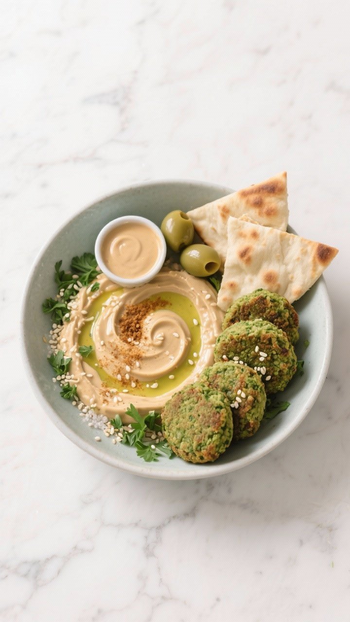 Tasty top view: Overhead bowl falafel spread: a shallow bowl with a neat stack of green falafel, gen