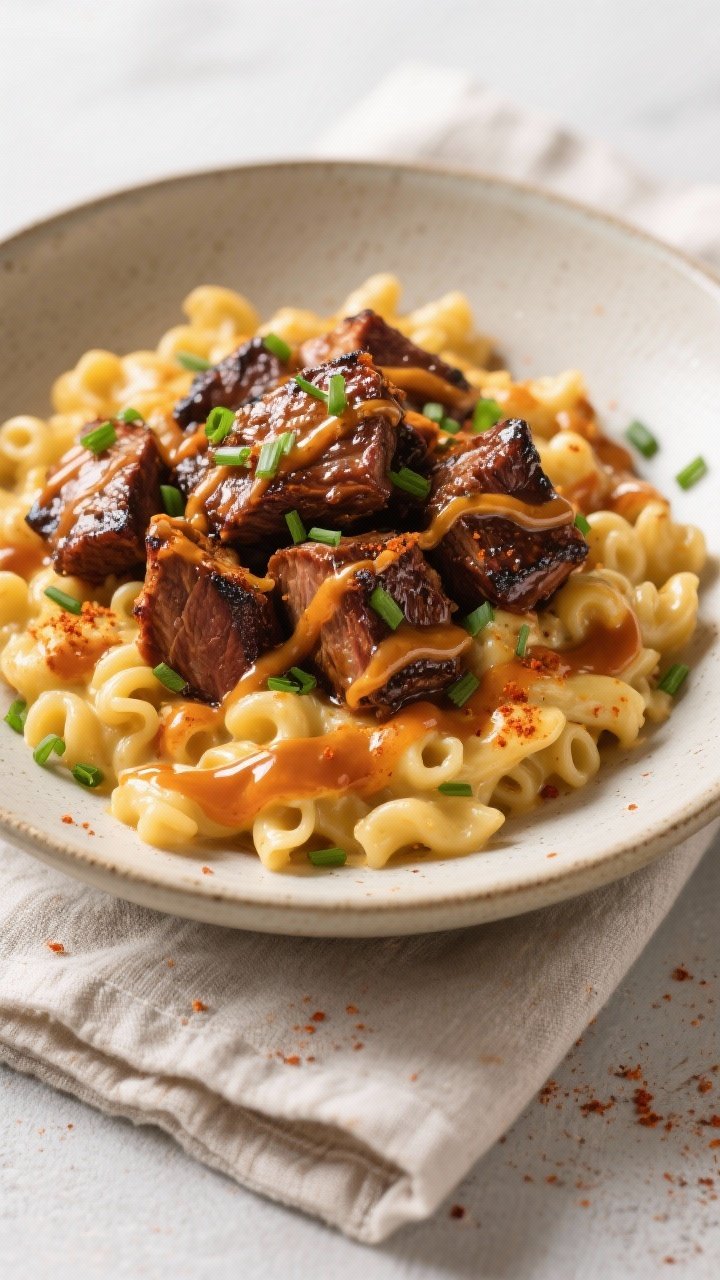 Tasty top view: Overhead bowl meal featuring glossy burnt ends over creamy mac and cheese, sauce rib