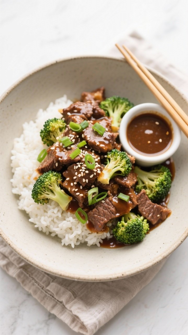 Tasty top view — Overhead bowl of Air Fryer Beef and Broccoli over steamed white rice: neat mound 
