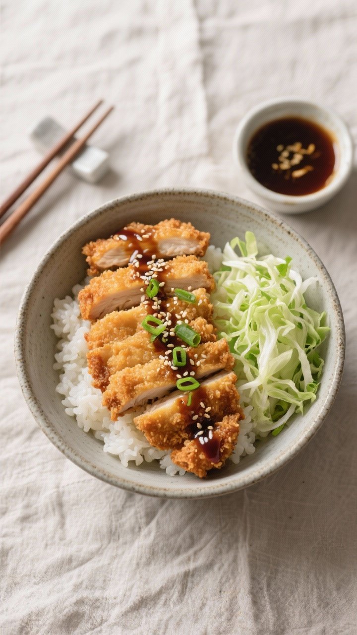 Tasty top view — Overhead bowl of chicken katsu don: sliced katsu fanned over steamy white rice, r
