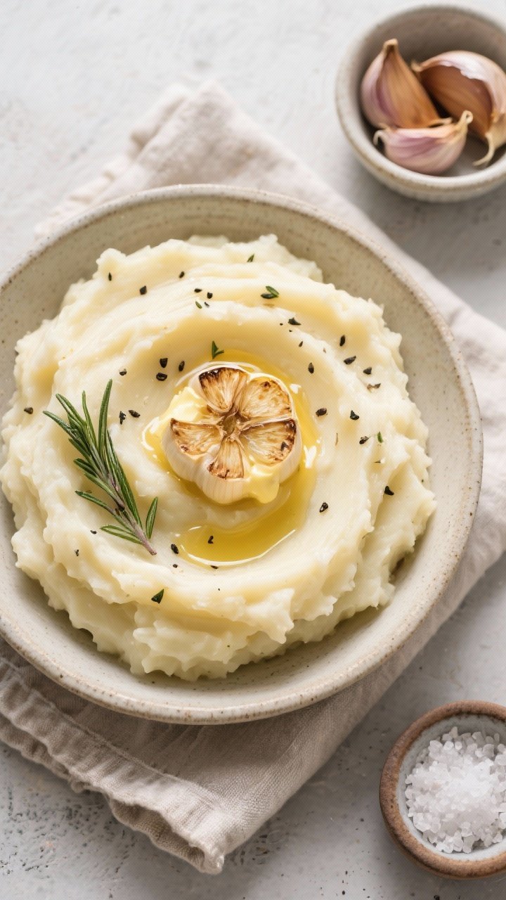 Tasty top view: Overhead bowl of creamy mashed potatoes folded with roasted garlic, visible specks o