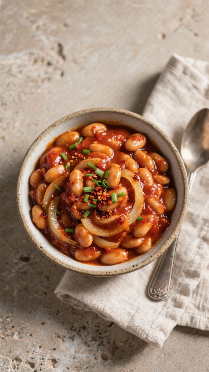 Tasty top view: Overhead bowl of glossy baked barbecue beans simmered with tomato sauce, smoked papr