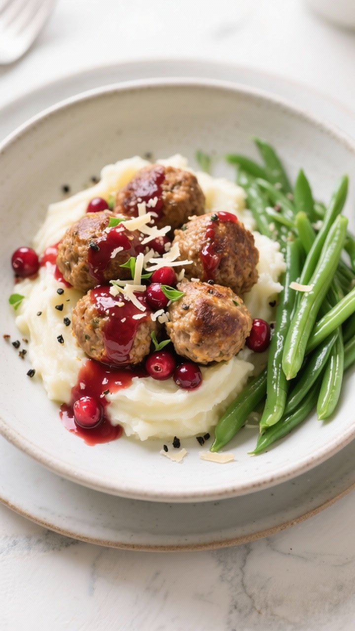Tasty top view: Overhead bowl of weeknight dinner—juicy turkey meatballs draped with cranberry sau