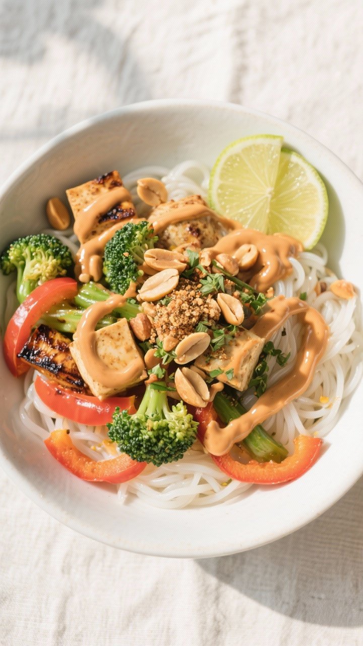 Tasty top view: Overhead bowl scene of tofu rice noodle bowl topped with roasted vegetables (charred