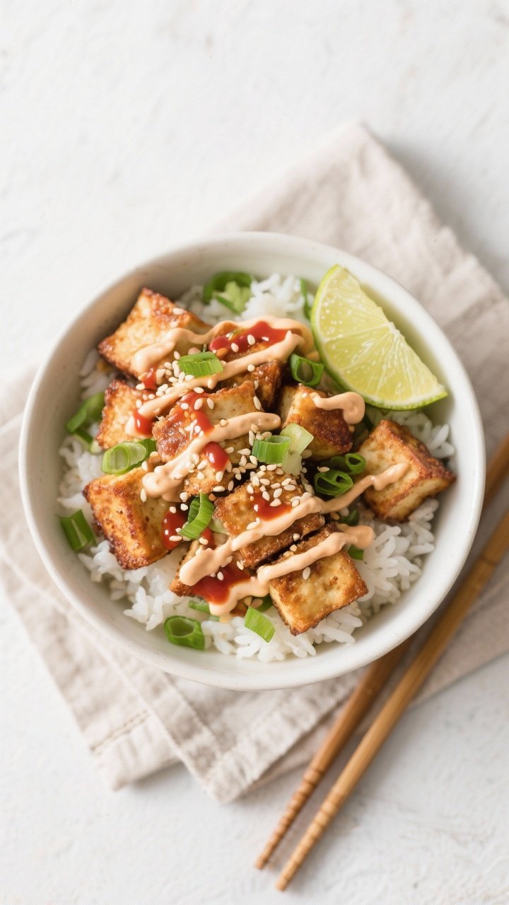 Tasty top view: Overhead bowl shot of a rice bowl topped with the crispy tofu, drizzle of sriracha m