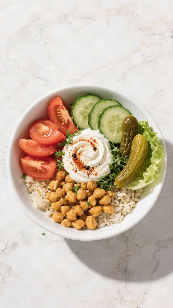 Tasty top view: Overhead bowl shot of a shawarma-style grain bowl—base of fluffy rice or quinoa to