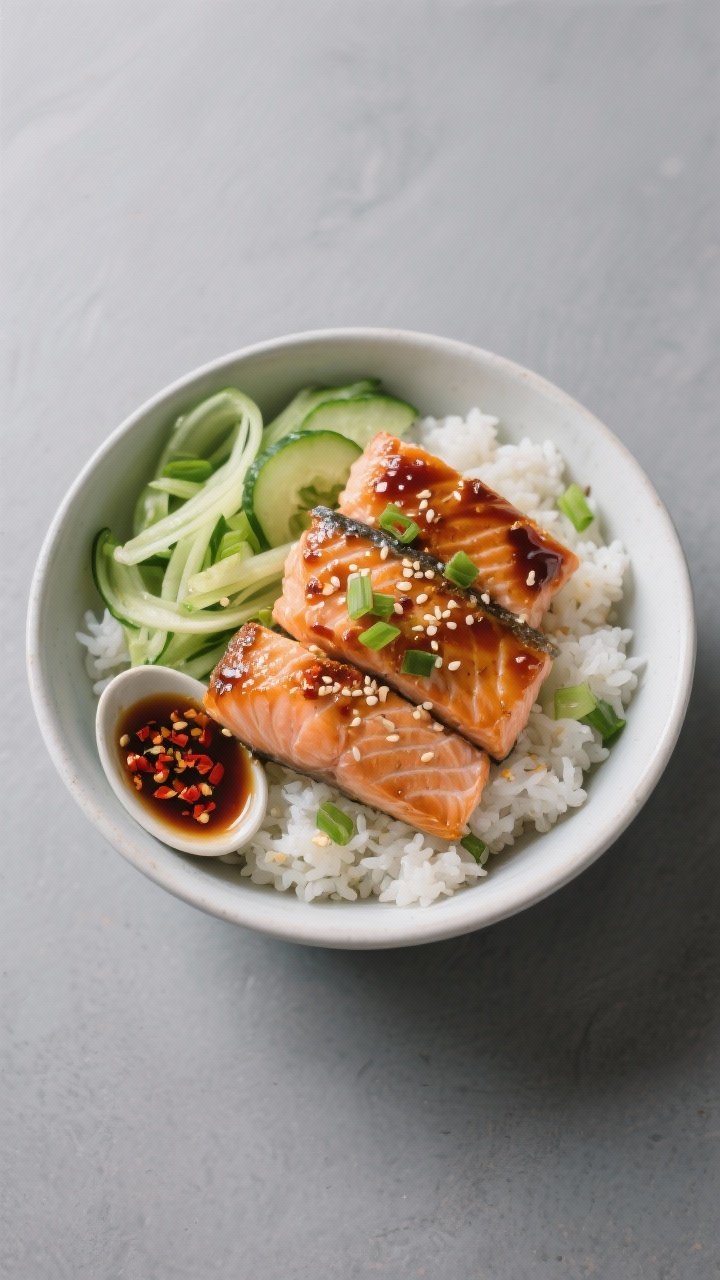 Tasty top view: Overhead bowl shot of a weeknight salmon rice bowl—flaked teriyaki salmon pieces w