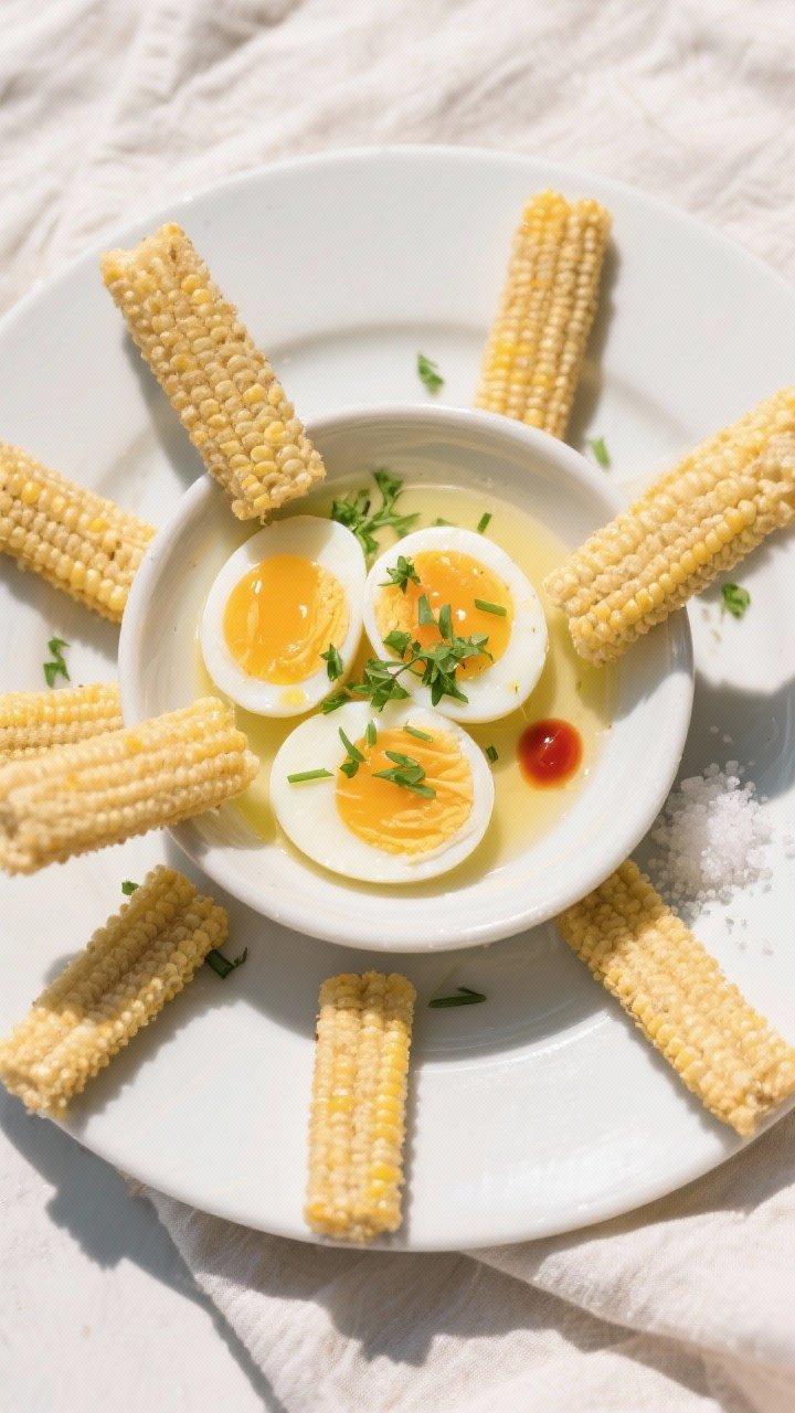 Tasty top view: Overhead breakfast scene of maize soldiers arranged for dipping around a shallow bow