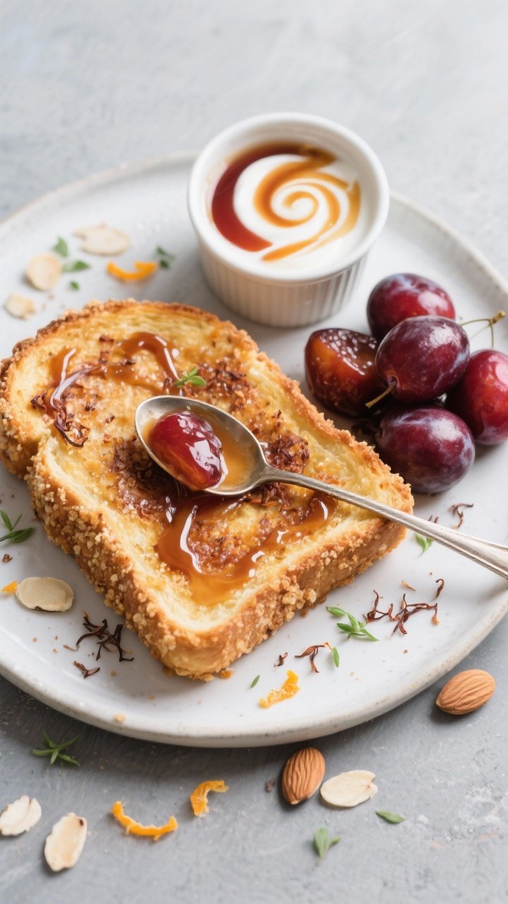 Tasty top view: Overhead breakfast spread showing a single slice of crumbed French toast with rooibo