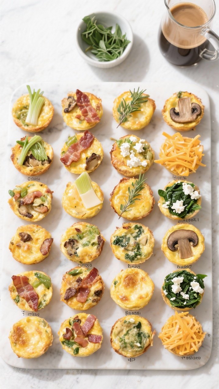 Tasty top view: Overhead brunch board featuring a batch of mini frittatas arranged in a grid, showin