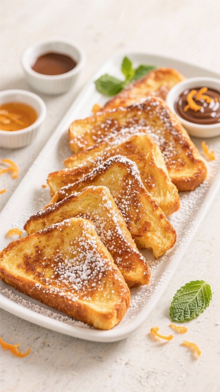 Tasty top view: Overhead brunch scene featuring a platter of air-fried French toast sticks with a gl