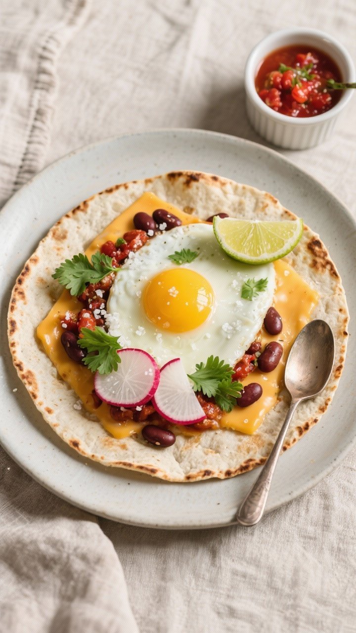 Tasty top view: Overhead brunch scene featuring a single tortilla with extra-crispy edges, beans and