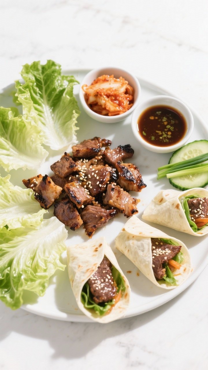 Tasty top view: Overhead “build-your-own” bulgogi lettuce wrap spread—platter of cooked bulgog