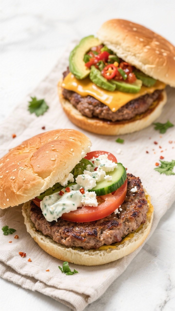 Tasty top view: Overhead build-your-own burger scene featuring two assembled variations—Southwest-