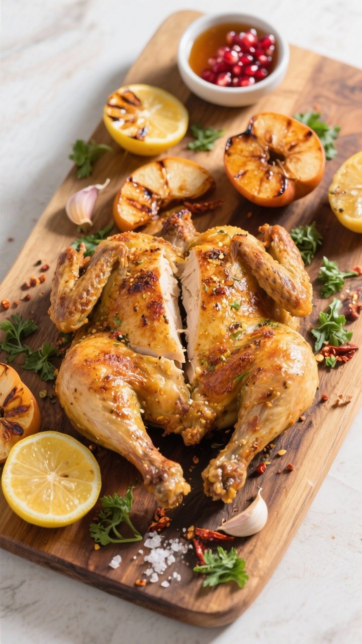 Tasty top view: Overhead, family-style board featuring the whole air-fried butterfly chicken rested 