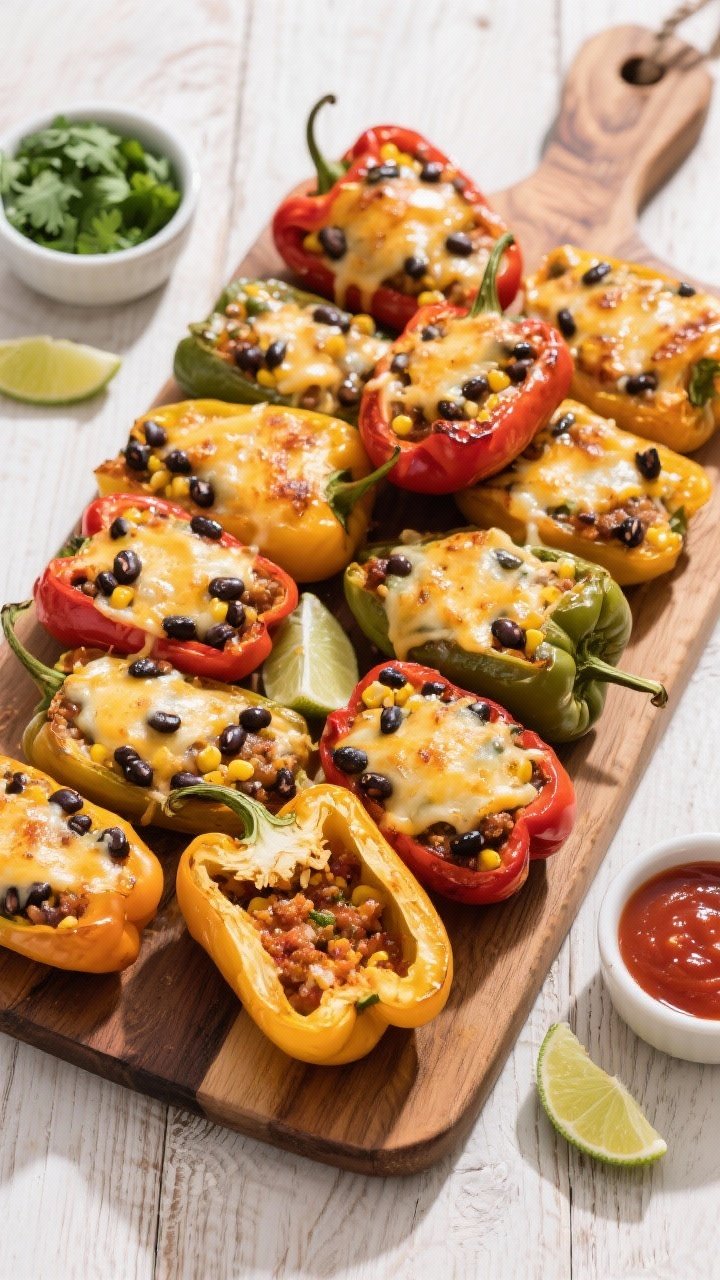 Tasty top view: Overhead, family-style board with multiple cooked stuffed peppers arranged by color,