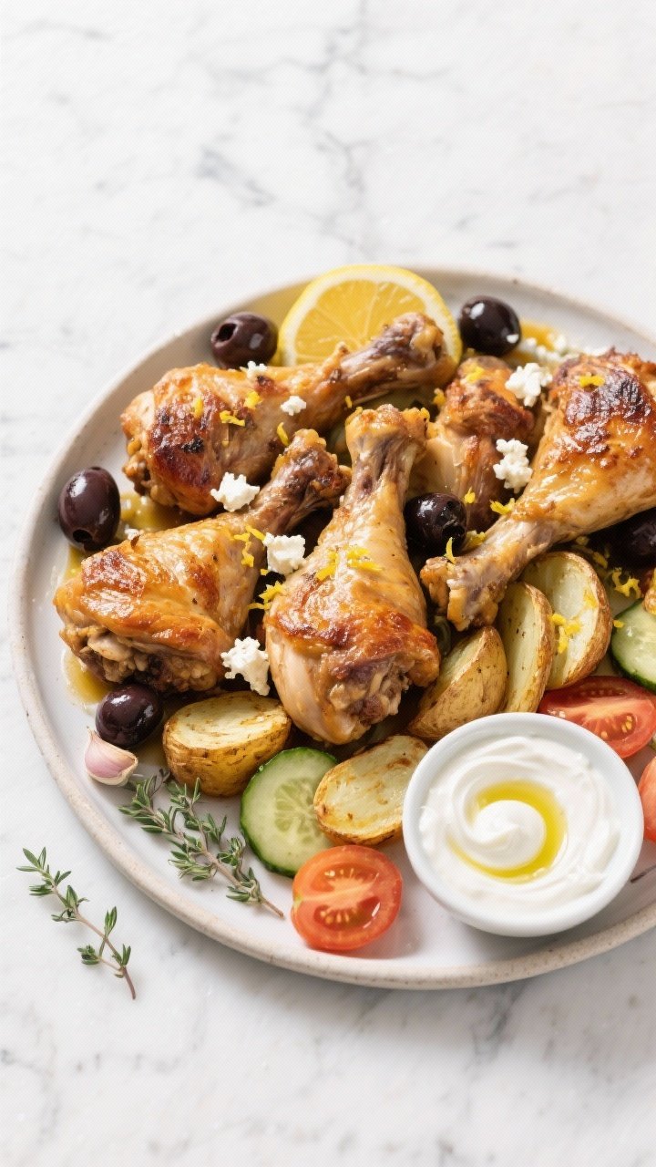 Tasty top view: Overhead family-style platter of mixed thighs and drumsticks, skin crackling and gol
