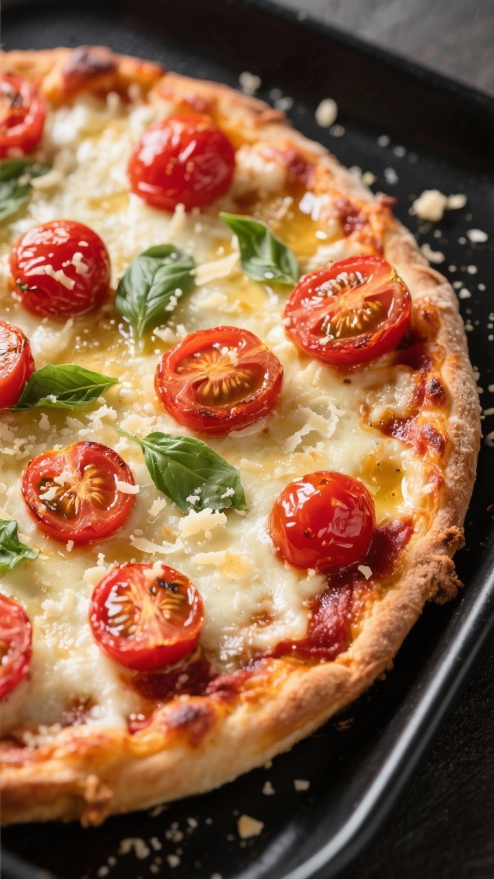Tasty top view: Overhead, finished bake topped evenly with melted mozzarella and grated Parmesan, ch