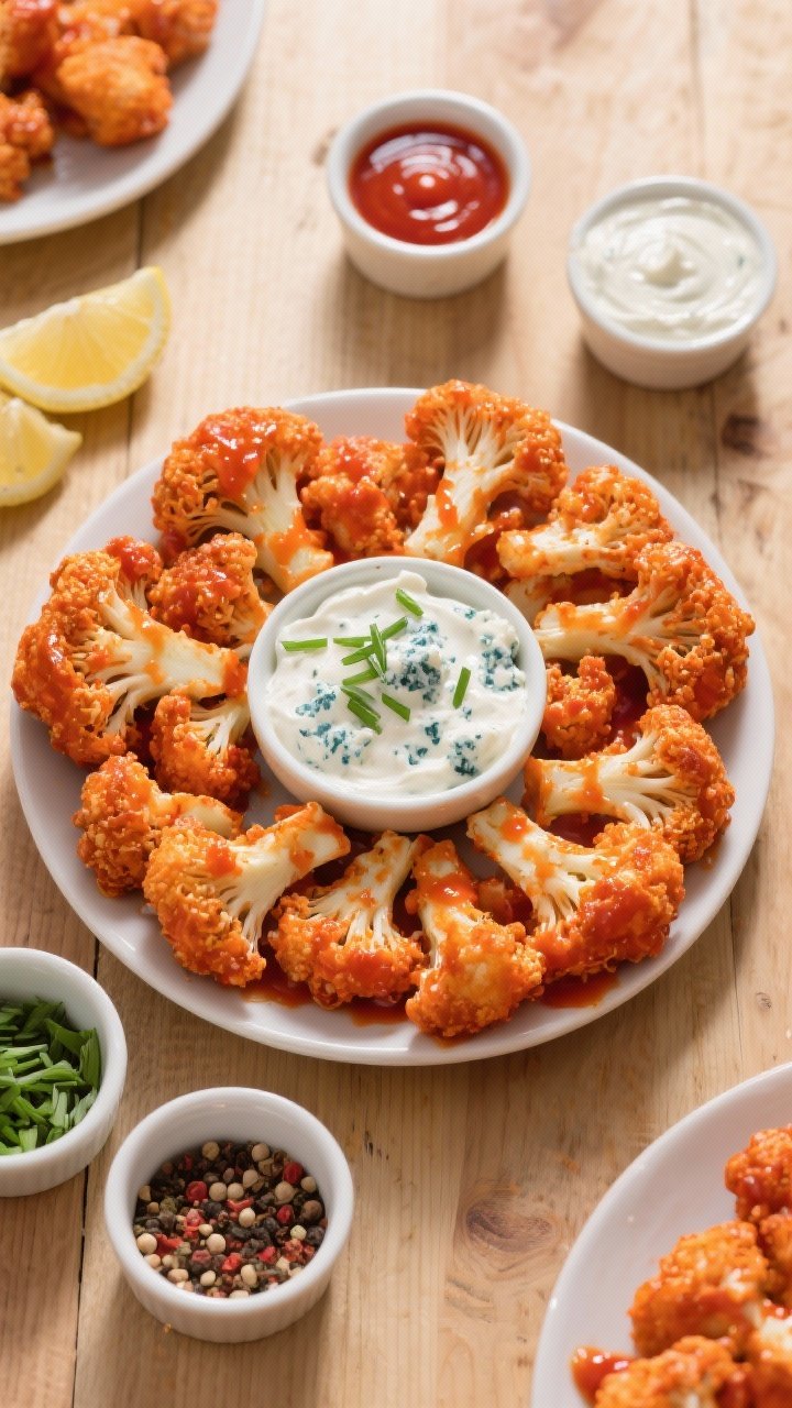 Tasty top view: Overhead game-day spread featuring the Buffalo cauliflower as the hero—crisp, sauc