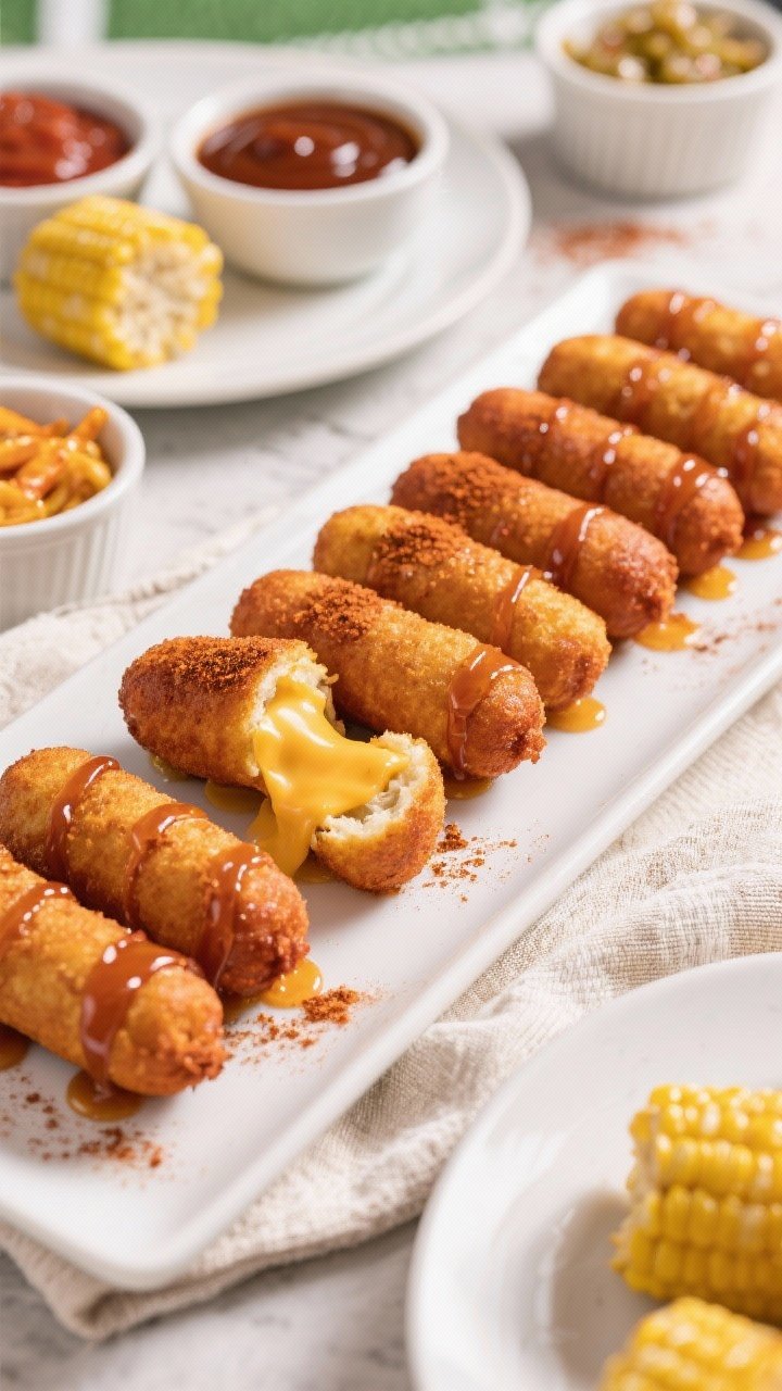 Tasty top view: Overhead game-day spread featuring a neat row of cheese-stuffed air-fried corn dogs,