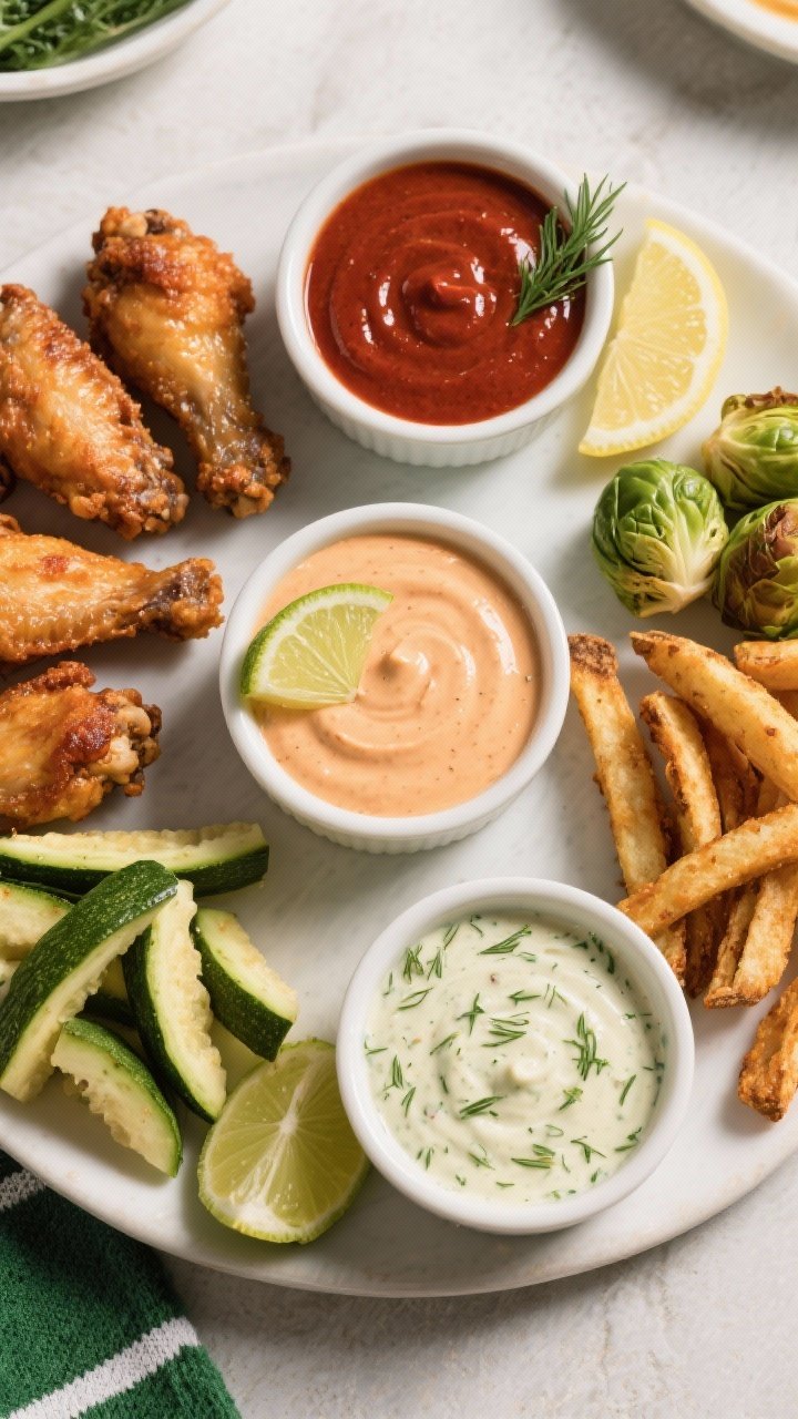 Tasty top view: Overhead game-day spread featuring a trio of dips—classic comeback sauce, chipotle