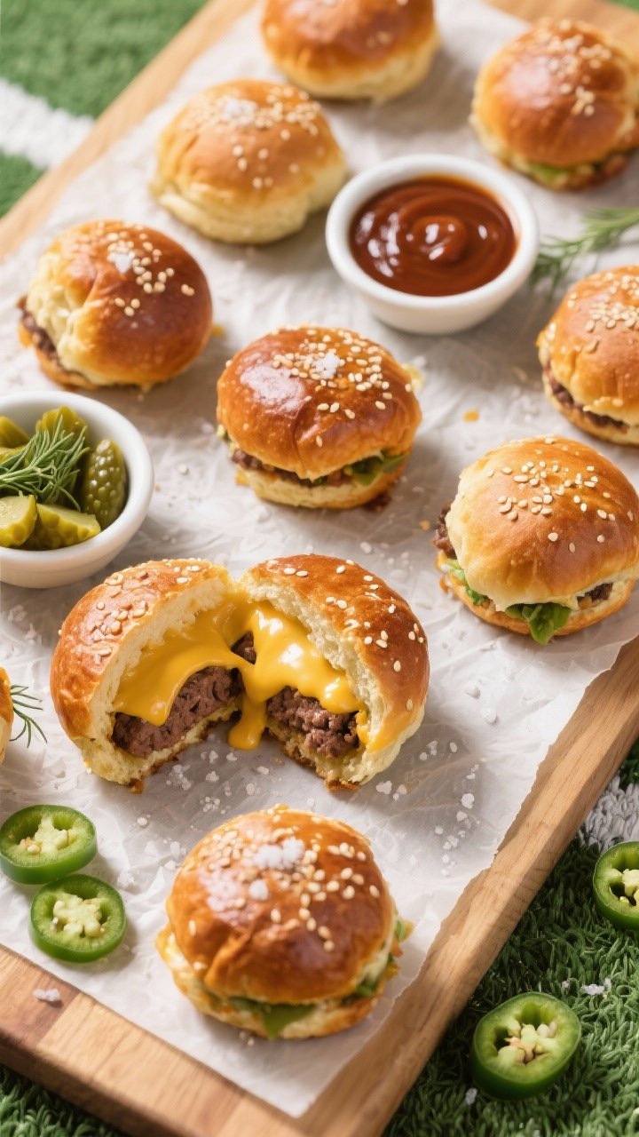 Tasty top view: Overhead game-day spread with 8–10 cheeseburger bombs on a parchment-lined wooden 