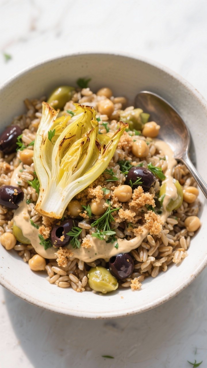 Tasty top view: Overhead grain bowl featuring roasted fennel folded into warm farro with chickpeas a